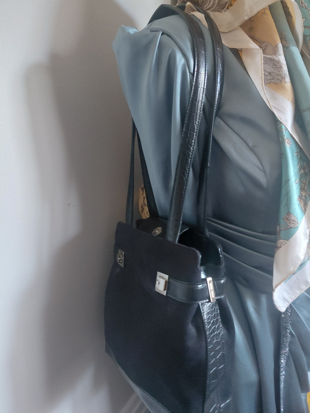 Vintage Nine West Black Suede Tote Bag with Leather Trim